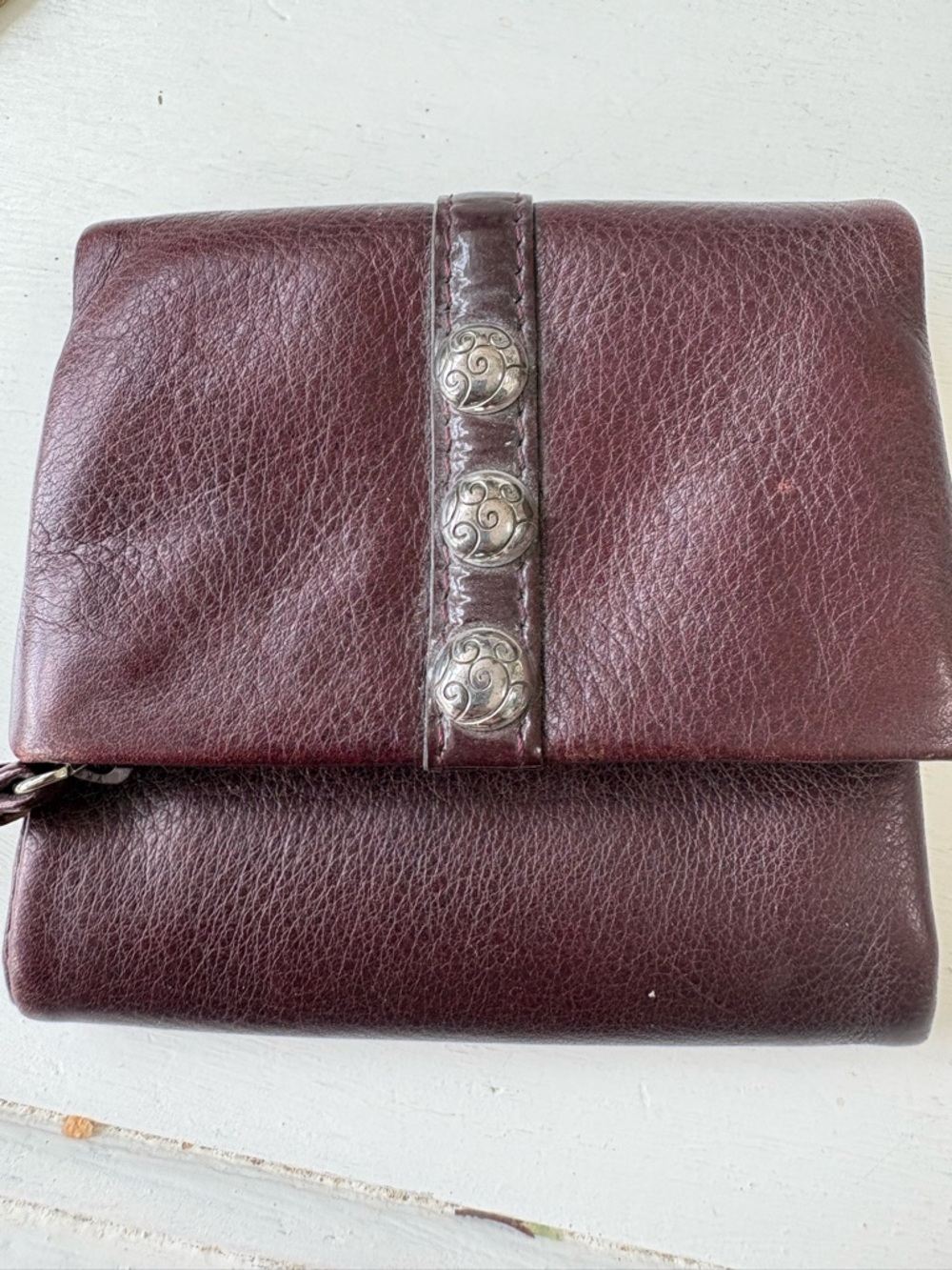 Brighton Leather Wallet with Decorative Silver Buttons - Burgundy
